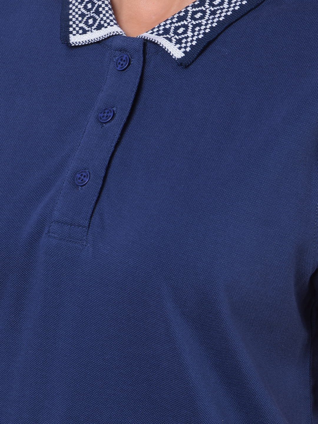 Numero Uno Women Navy Polo Neck T-Shirt With Printed Collar